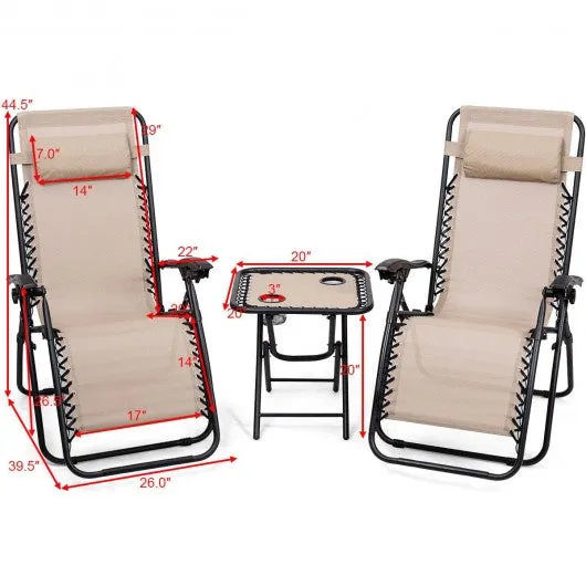 3 pcs Folding Portable Zero Gravity Reclining Lounge Chairs Table-Beige