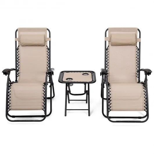 3 pcs Folding Portable Zero Gravity Reclining Lounge Chairs Table-Beige