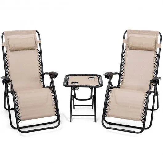 3 pcs Folding Portable Zero Gravity Reclining Lounge Chairs Table-Beige