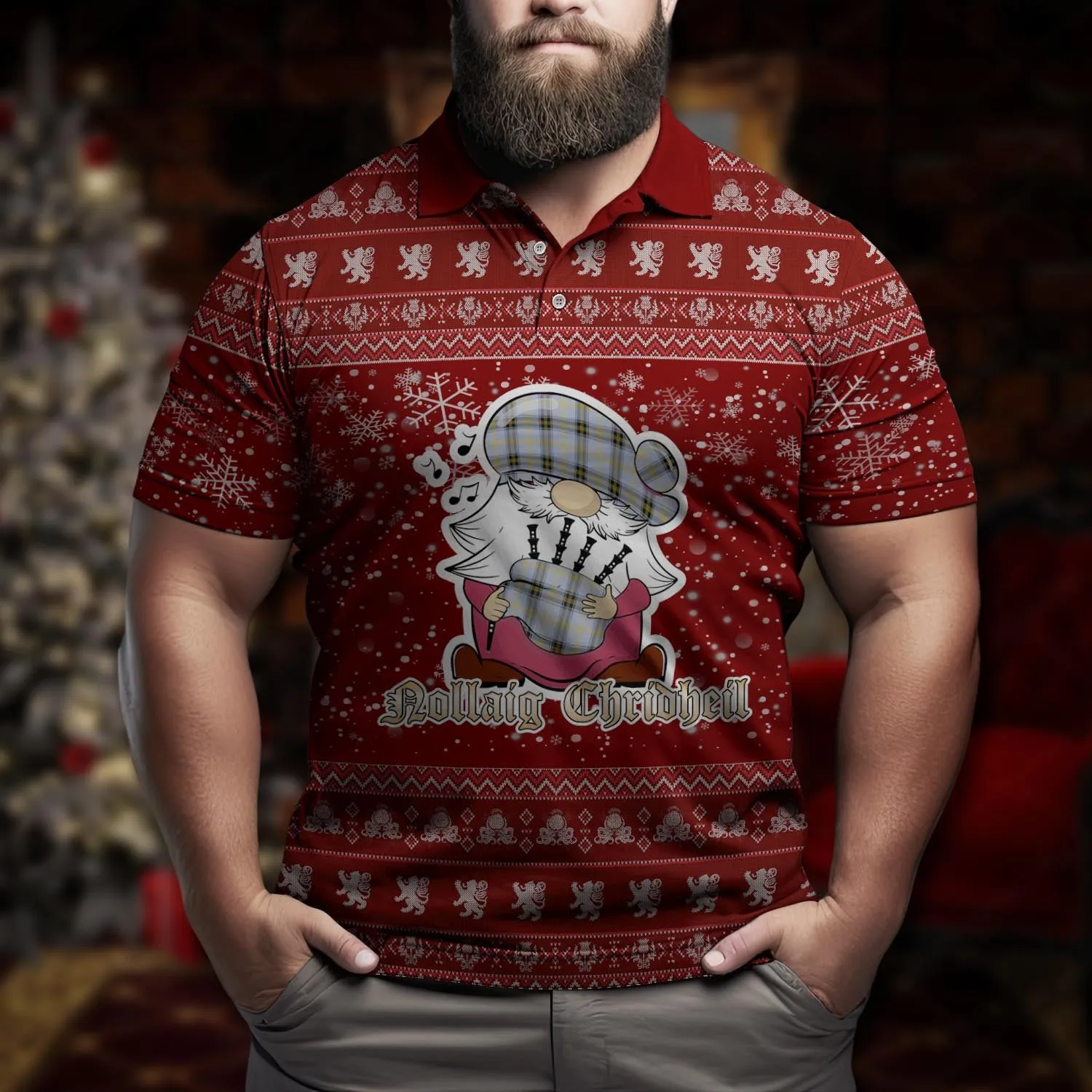 Bell Clan Christmas Family Polo Shirt with Funny Gnome Playing Bagpipes