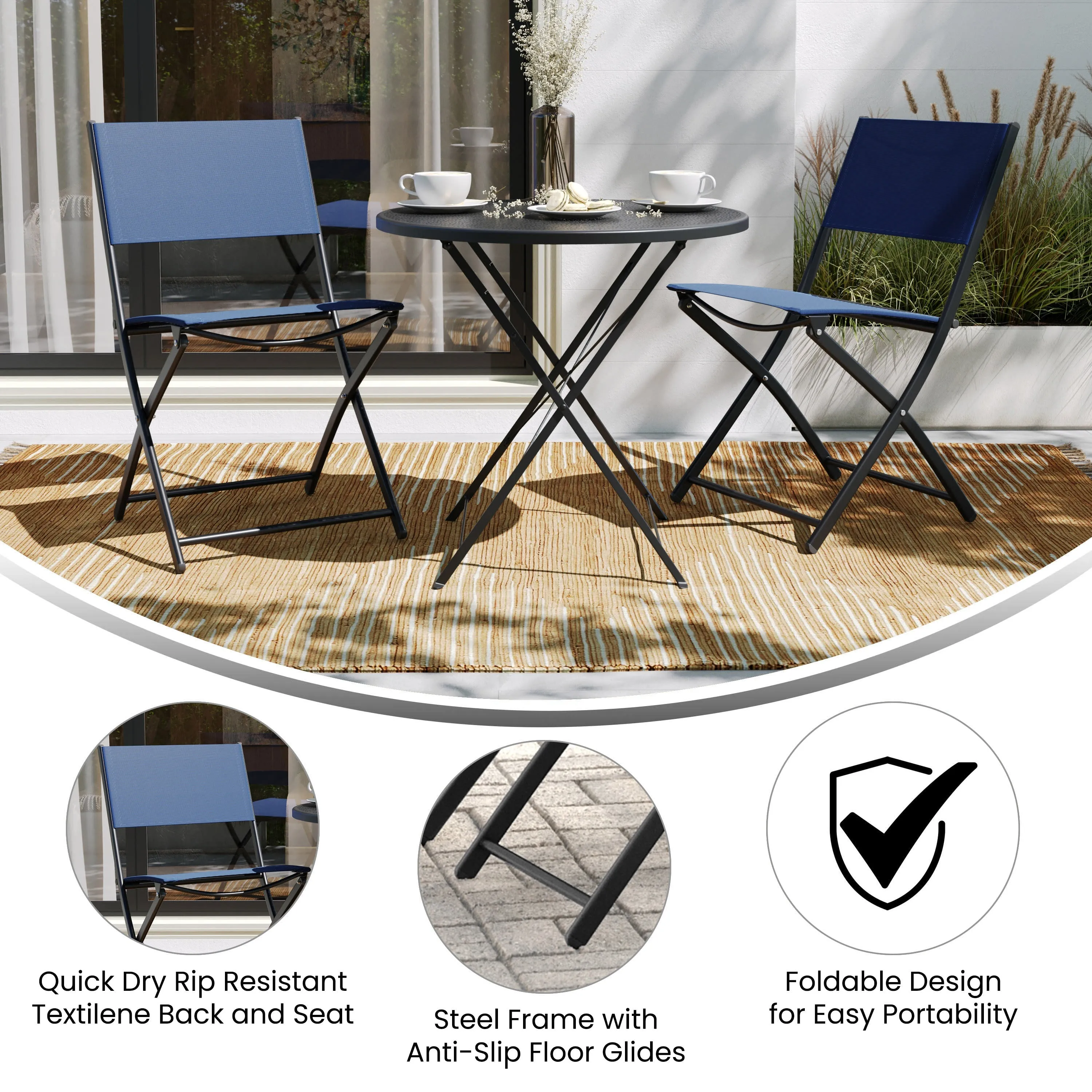 Brazos Set of 2 Commercial Grade Indoor/Outdoor Folding Chairs with Flex Comfort Material Backs and Seats and Metal Frames