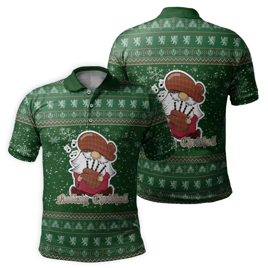 Bruce Modern Clan Christmas Family Polo Shirt with Funny Gnome Playing Bagpipes