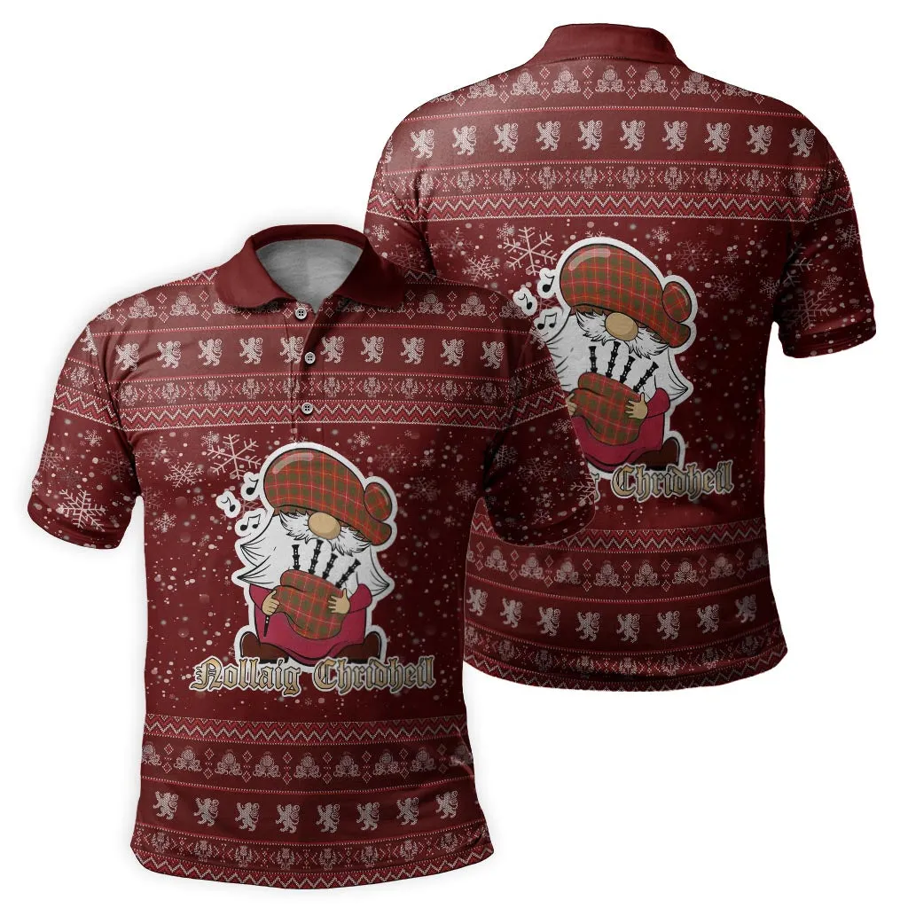 Bruce Modern Clan Christmas Family Polo Shirt with Funny Gnome Playing Bagpipes