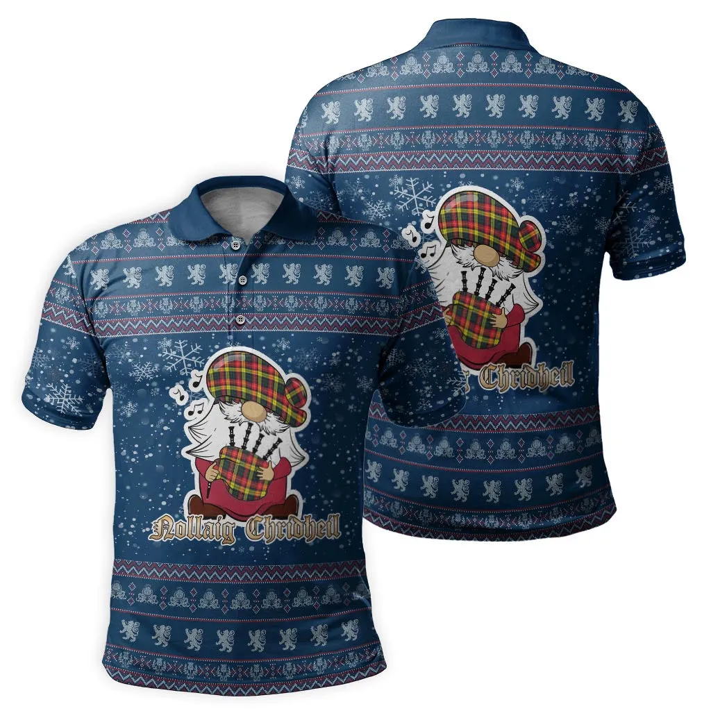 Buchanan Modern Clan Christmas Family Polo Shirt with Funny Gnome Playing Bagpipes