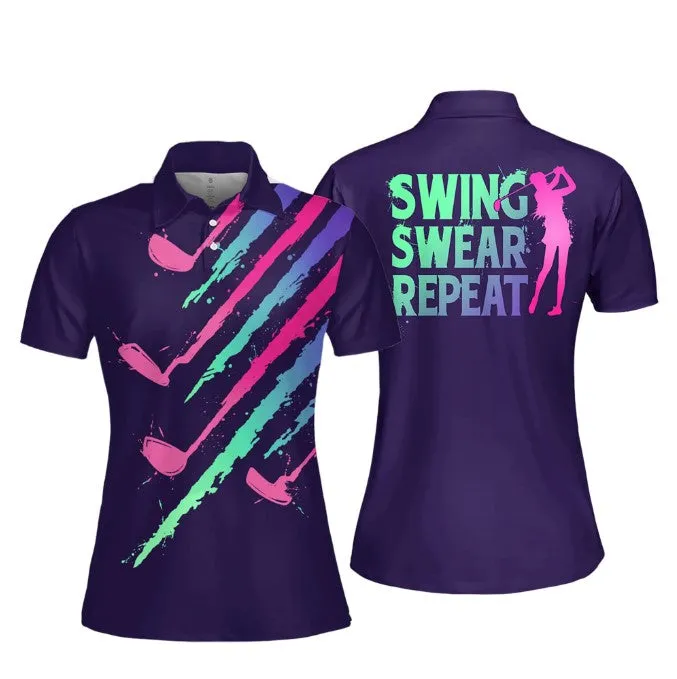 Custom Golf Shirts for Women, Gradient Swing Swear Repeat Golf Clubs Women Polo Shirt