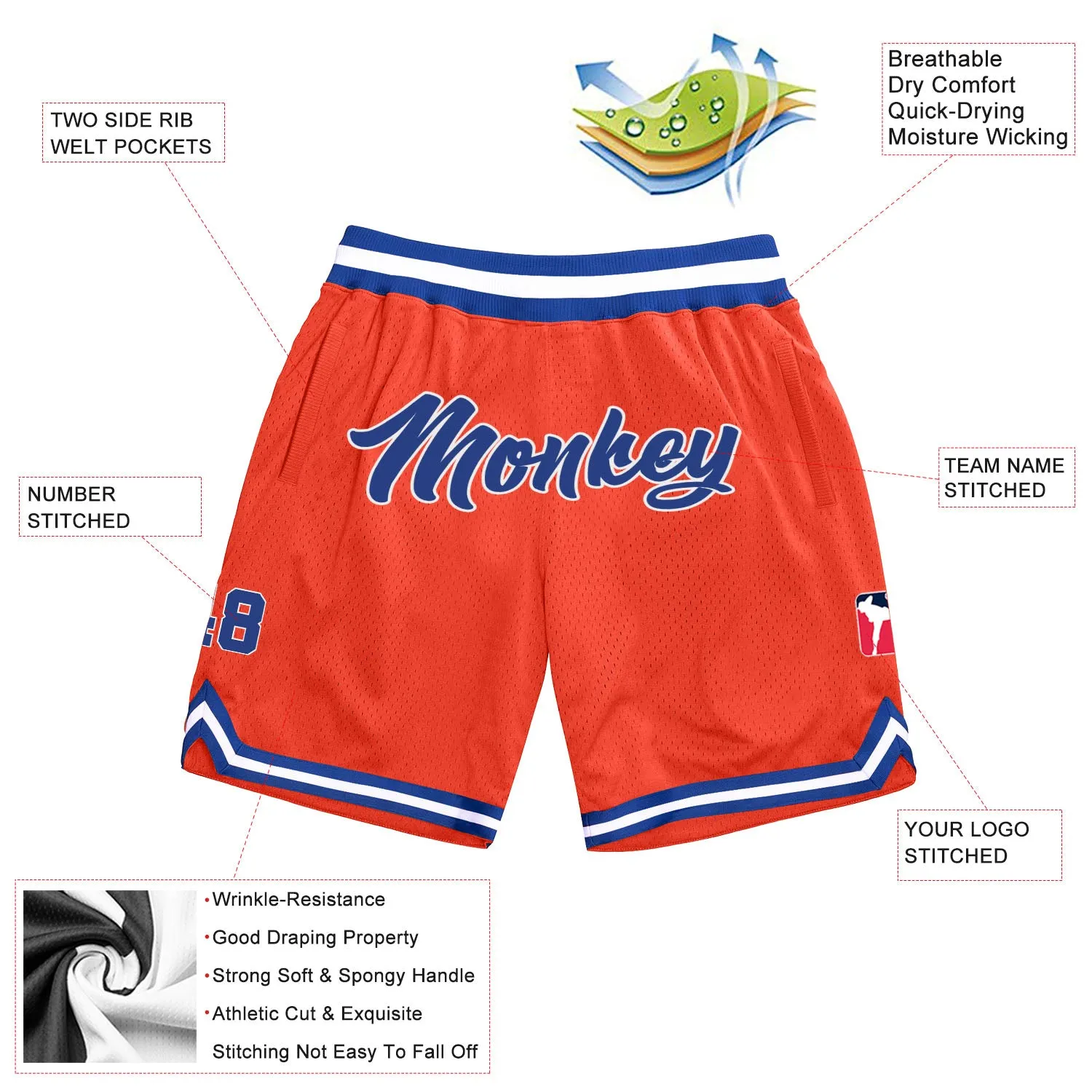 Custom Orange Royal-White Authentic Throwback Basketball Shorts