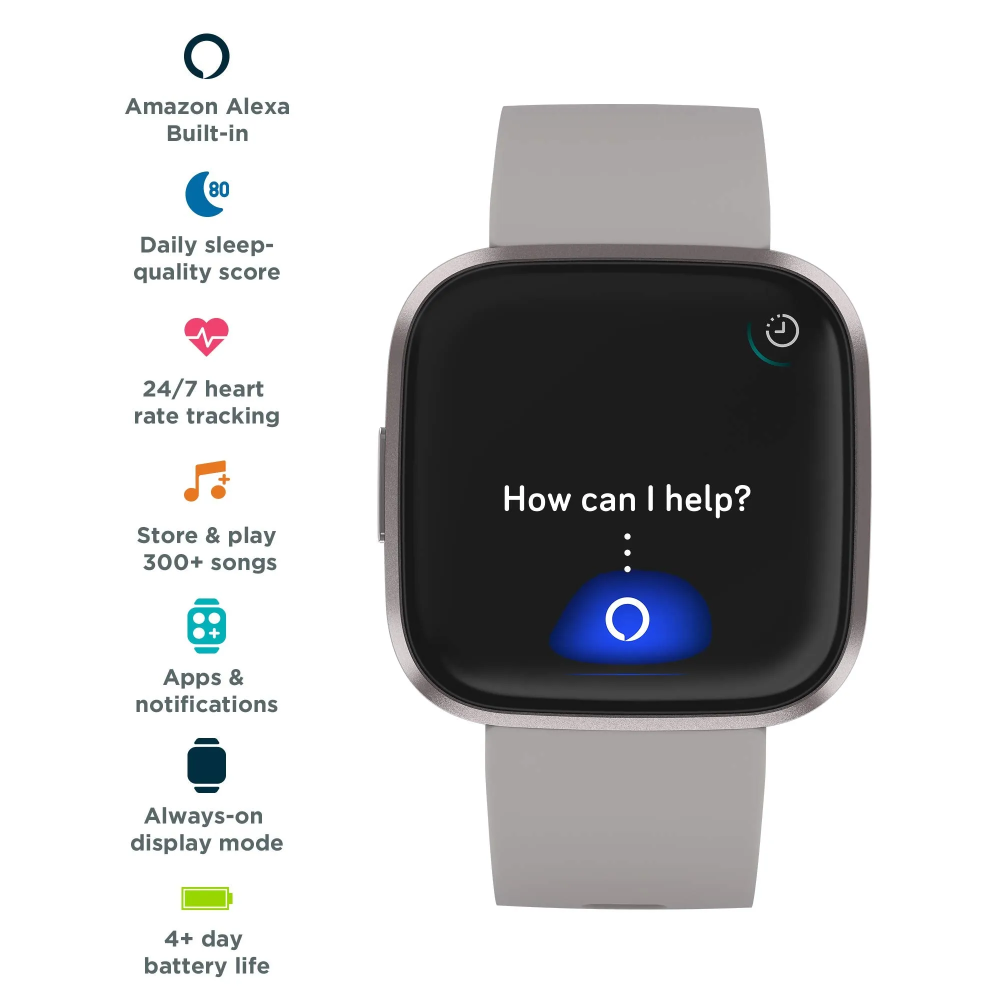 Fitbit Versa 2 Health & Fitness Smartwatch with Voice Control, Sleep Score & Music, Stone/Mist Grey