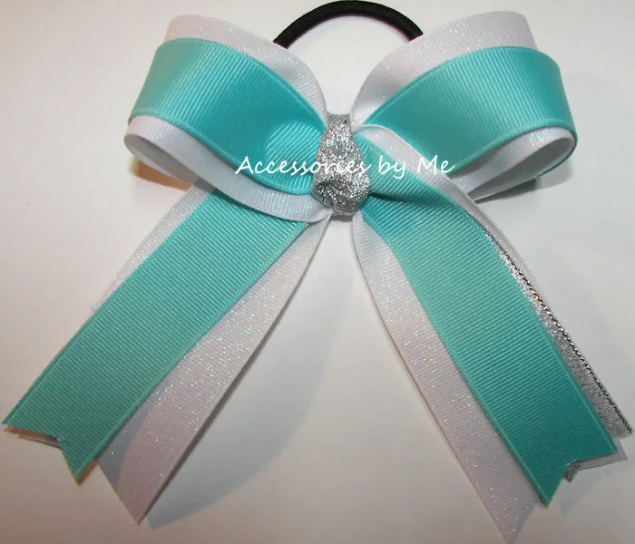 Glitter Aqua Silver White Ponytail Bow