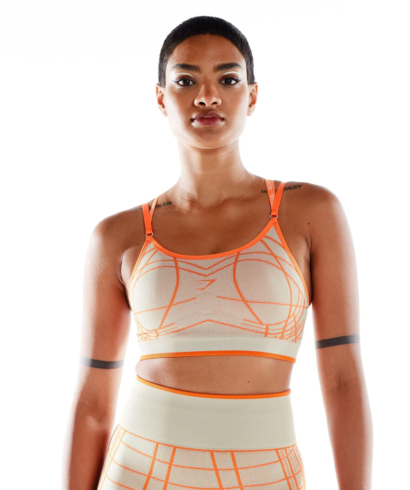 Gymshark Wtflex Linear Seamless Sports Bra - Pebble Grey/Orange/Coconut White