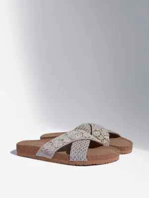 LUNA BLU Brown Floral Jute Design Slides