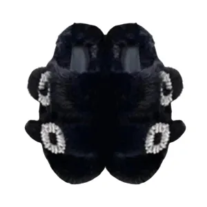 Luxe Mink Slide Sandals with Crystal Buckle - Black