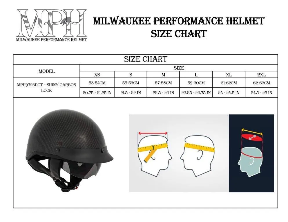 Milwaukee Helmets MPH9723DOT Carbon Like Black Half Helmet with Drop Down Sun Visor