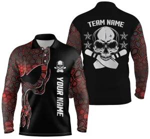 Red Camo Black Bowling Long Sleeve Polo Shirts For Men Custom Team Name Skull Bowling, Team Bowling Shirts