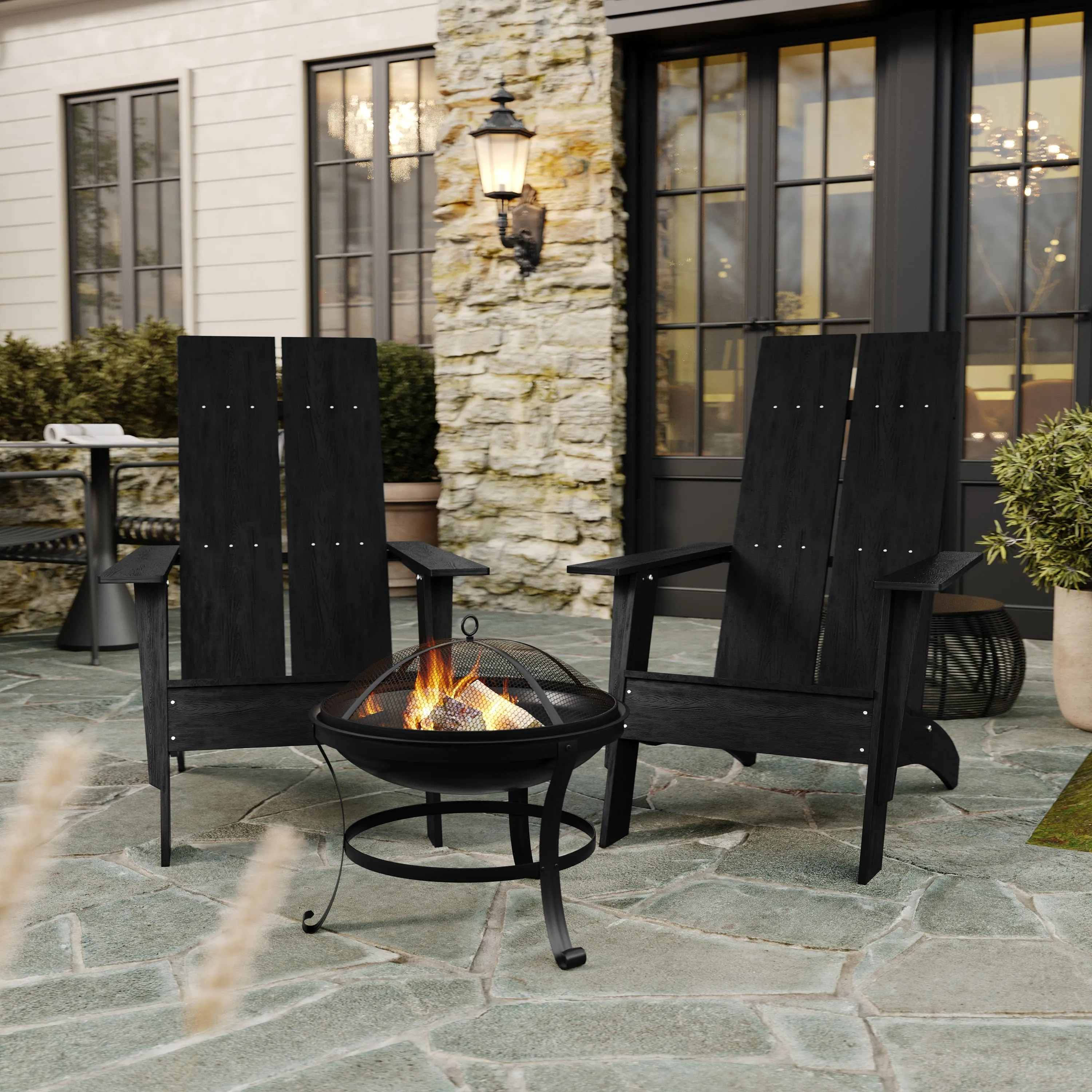 Sawyer Set of 2 Modern All-Weather 2-Slat Poly Resin Adirondack Chairs with 22" Round Wood Burning Fire Pit