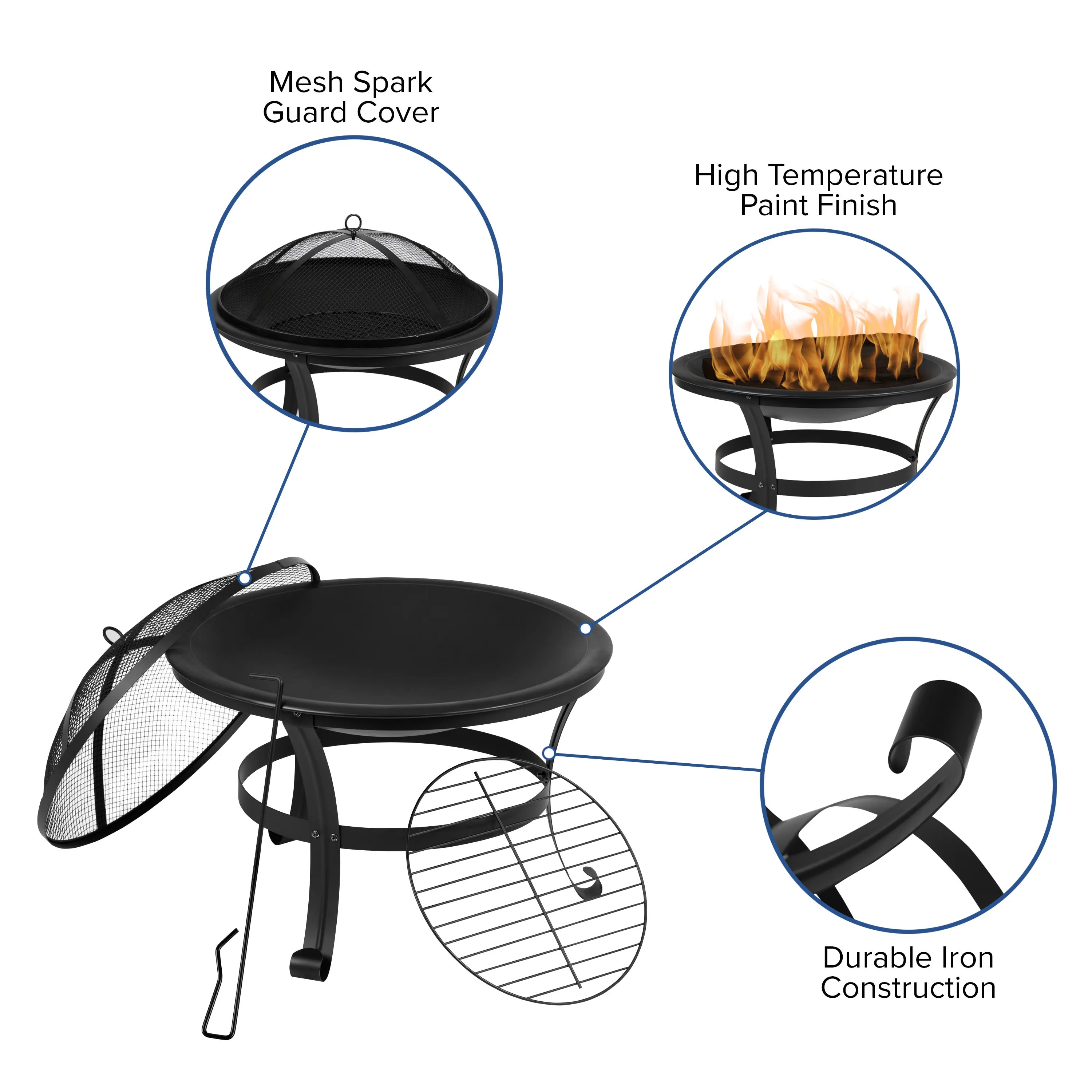 Sawyer Set of 2 Modern All-Weather 2-Slat Poly Resin Adirondack Chairs with 22" Round Wood Burning Fire Pit