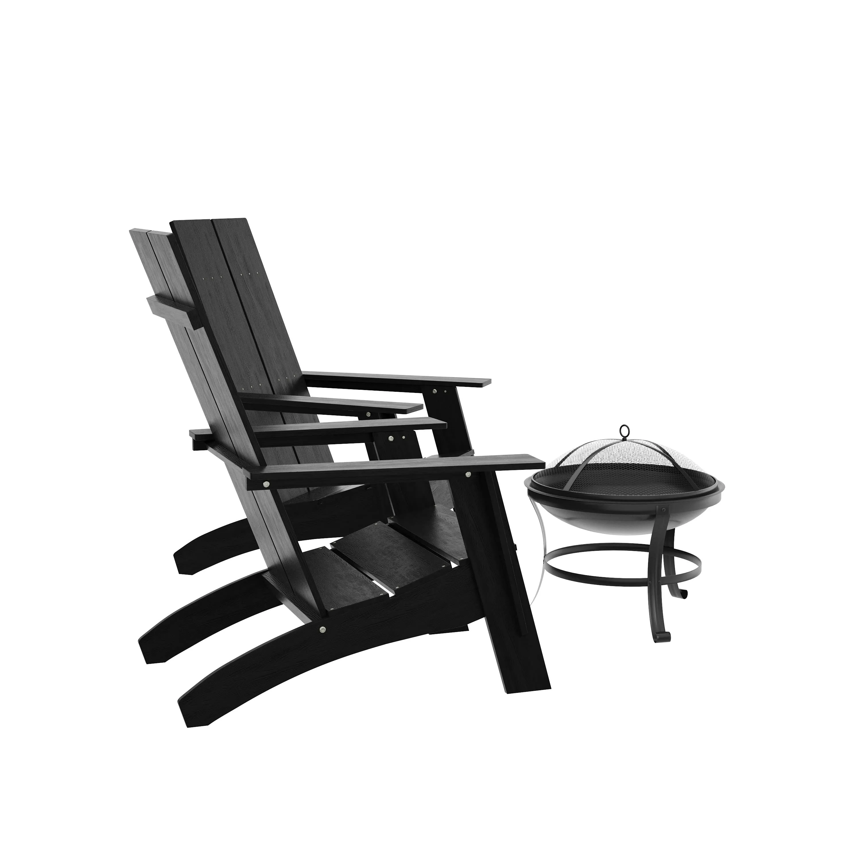 Sawyer Set of 2 Modern All-Weather 2-Slat Poly Resin Adirondack Chairs with 22" Round Wood Burning Fire Pit