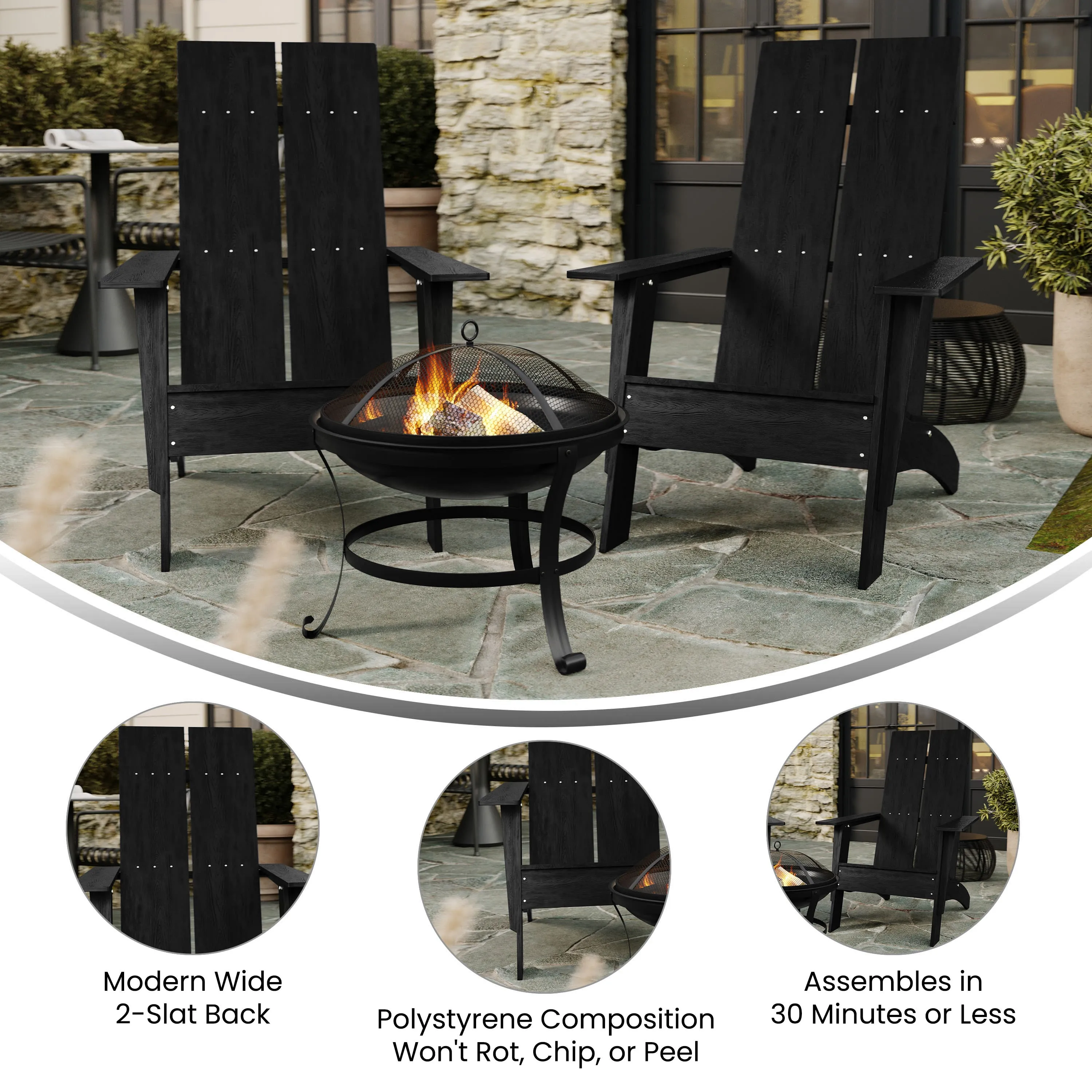 Sawyer Set of 2 Modern All-Weather 2-Slat Poly Resin Adirondack Chairs with 22" Round Wood Burning Fire Pit