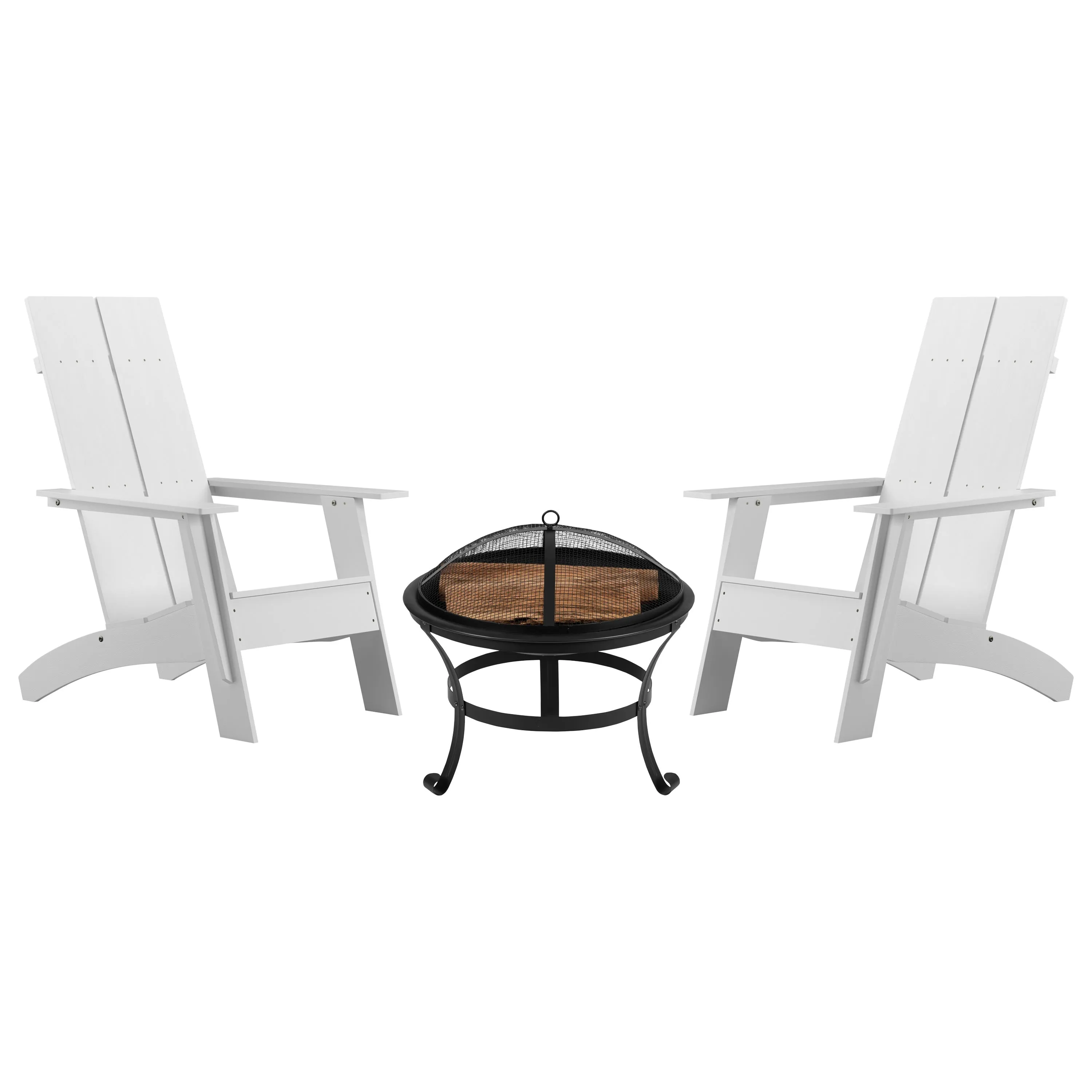 Sawyer Set of 2 Modern All-Weather 2-Slat Poly Resin Adirondack Chairs with 22" Round Wood Burning Fire Pit