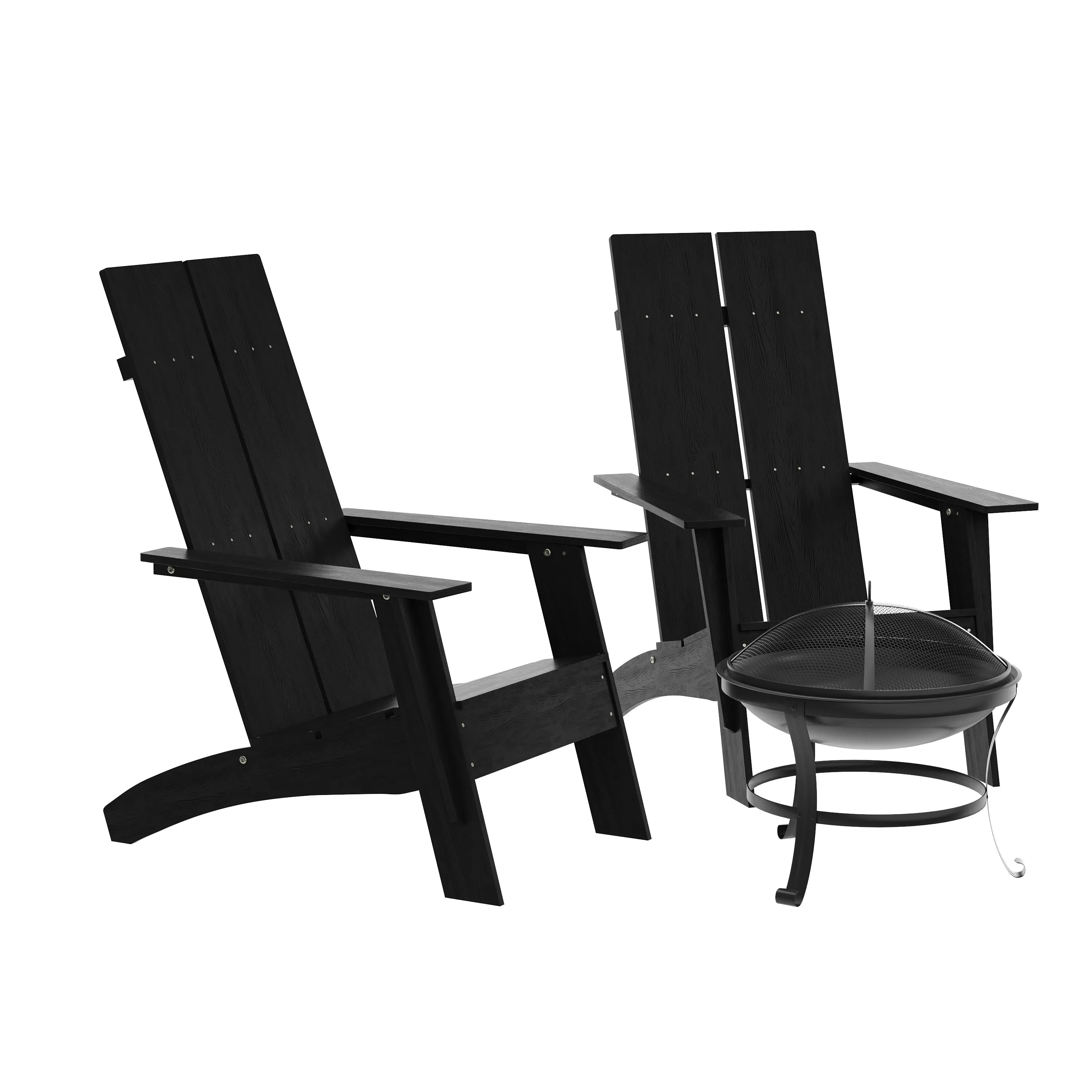 Sawyer Set of 2 Modern All-Weather 2-Slat Poly Resin Adirondack Chairs with 22" Round Wood Burning Fire Pit