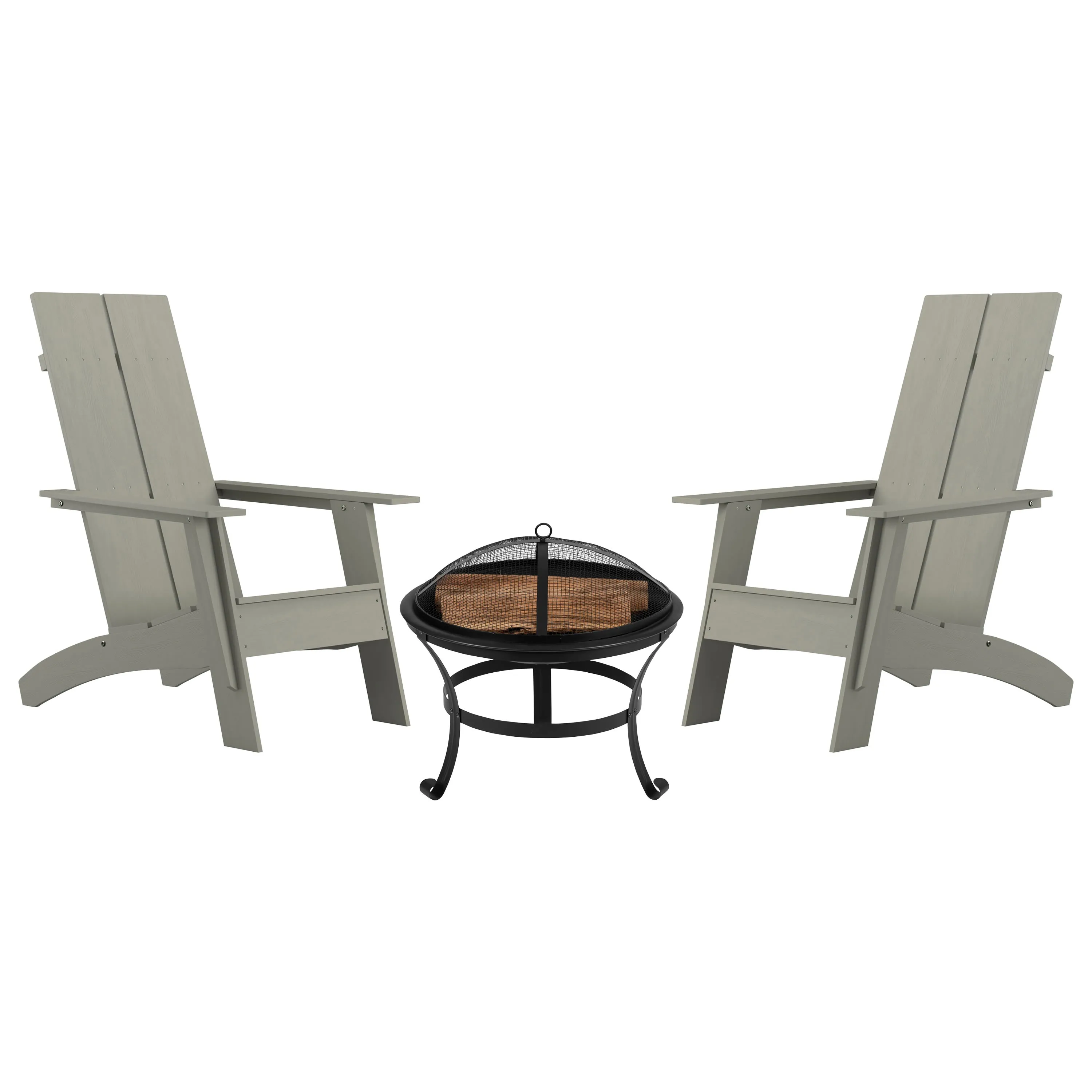 Sawyer Set of 2 Modern All-Weather 2-Slat Poly Resin Adirondack Chairs with 22" Round Wood Burning Fire Pit