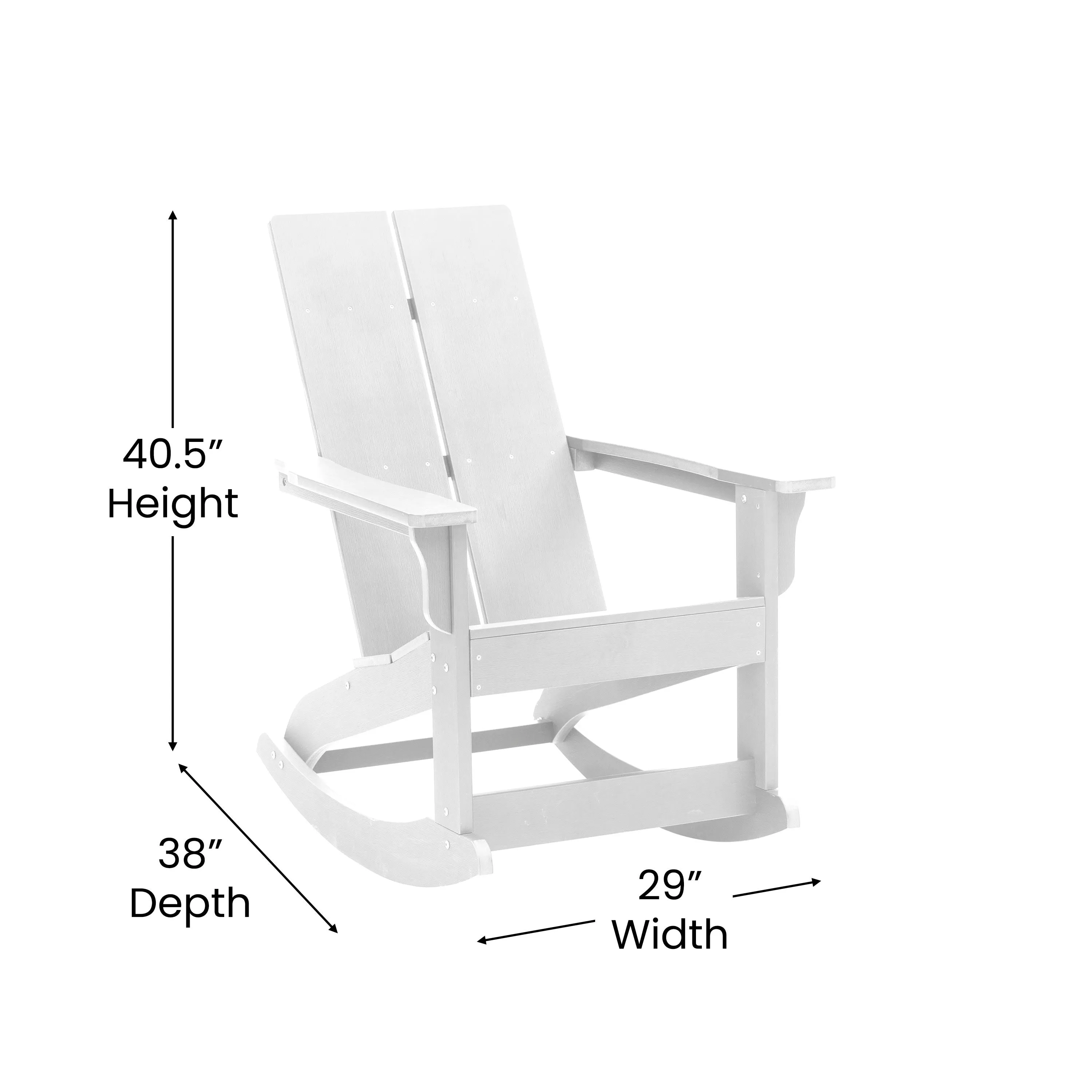 Set of 4 Finn Modern Commercial Grade All-Weather 2-Slat Poly Resin Rocking Adirondack Chairs with Matching Side Table