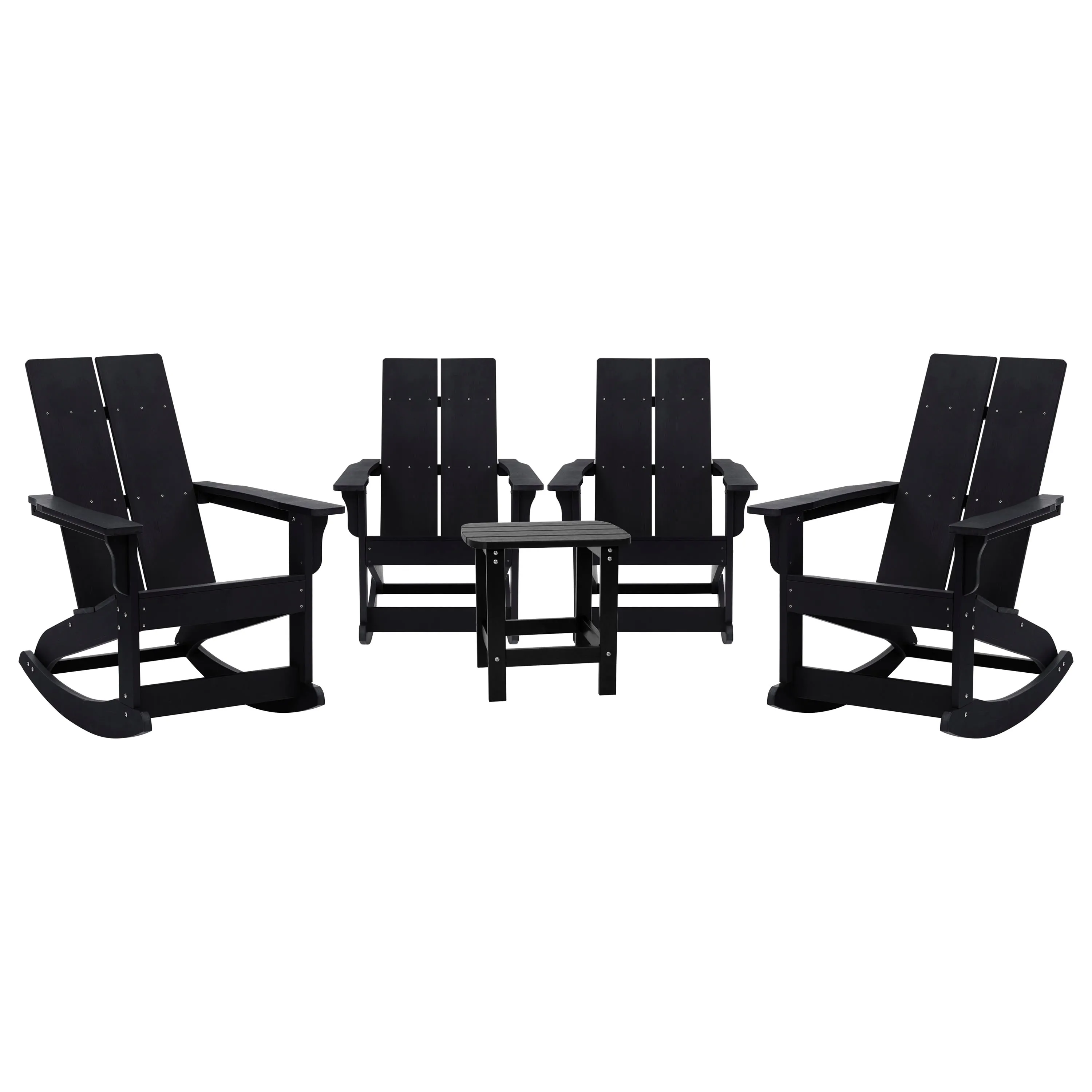 Set of 4 Finn Modern Commercial Grade All-Weather 2-Slat Poly Resin Rocking Adirondack Chairs with Matching Side Table