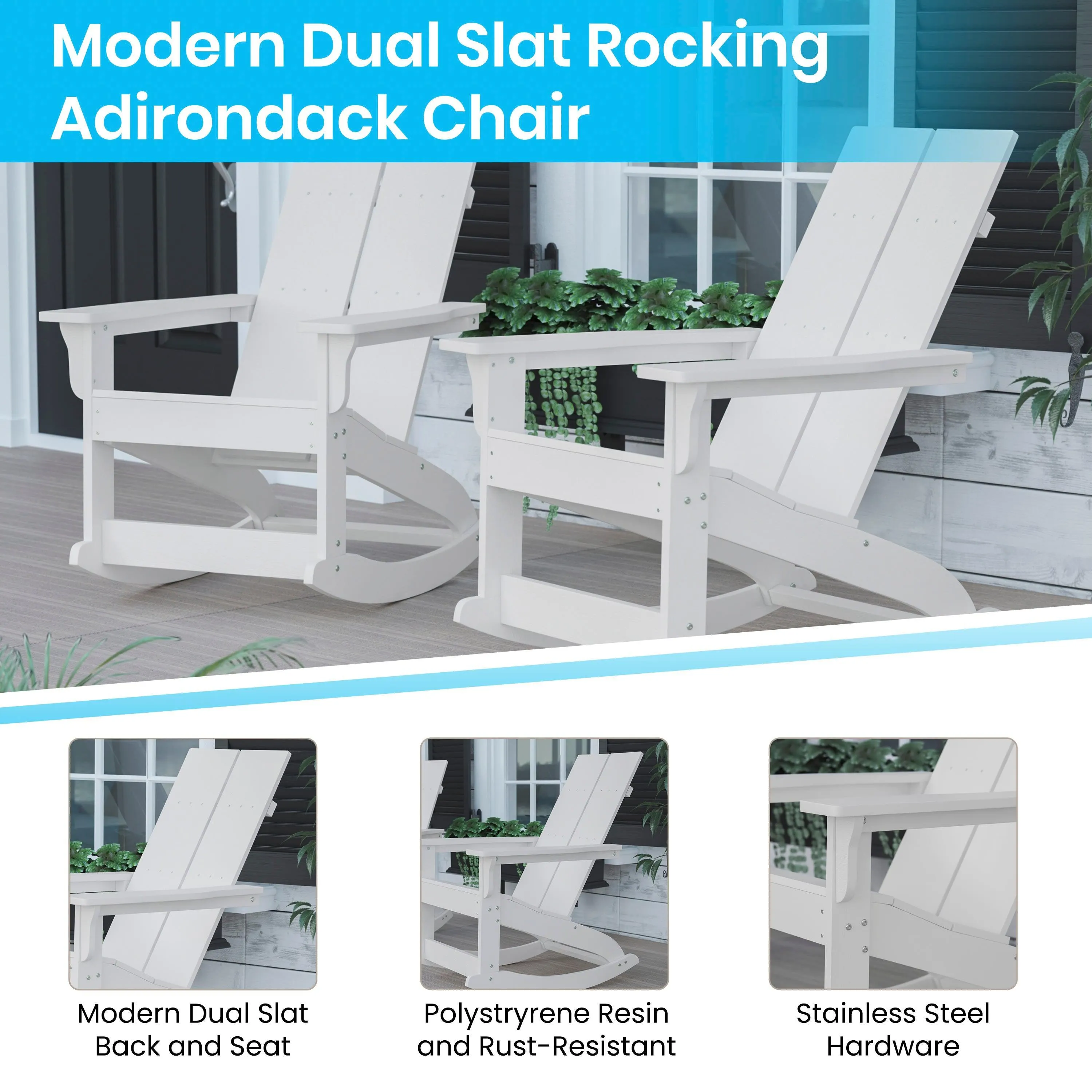 Set of 4 Finn Modern Commercial Grade All-Weather 2-Slat Poly Resin Rocking Adirondack Chairs with Matching Side Table