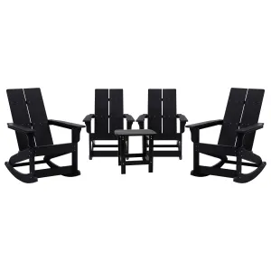 Set of 4 Finn Modern Commercial Grade All-Weather 2-Slat Poly Resin Rocking Adirondack Chairs with Matching Side Table