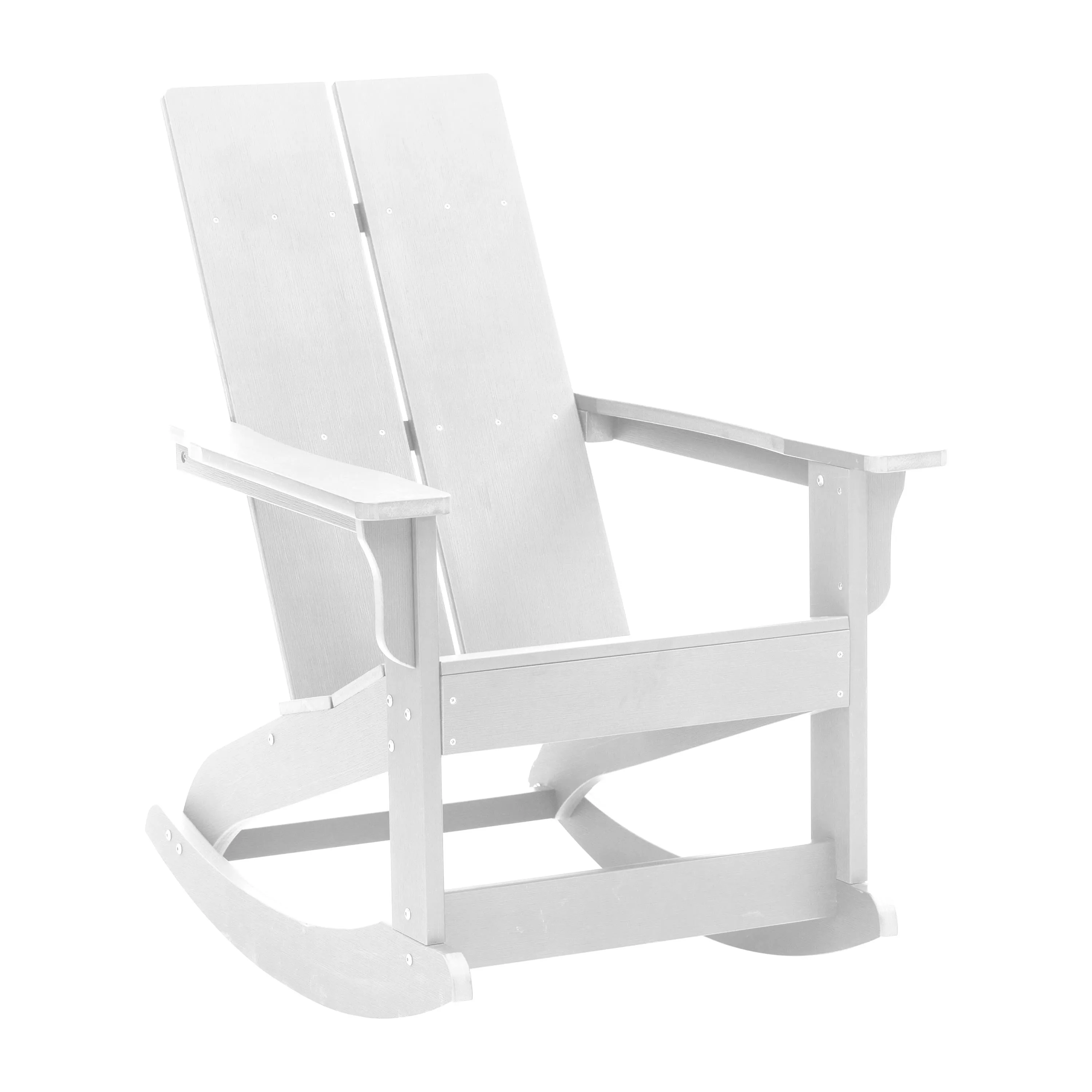 Set of 4 Finn Modern Commercial Grade All-Weather 2-Slat Poly Resin Rocking Adirondack Chairs with Matching Side Table