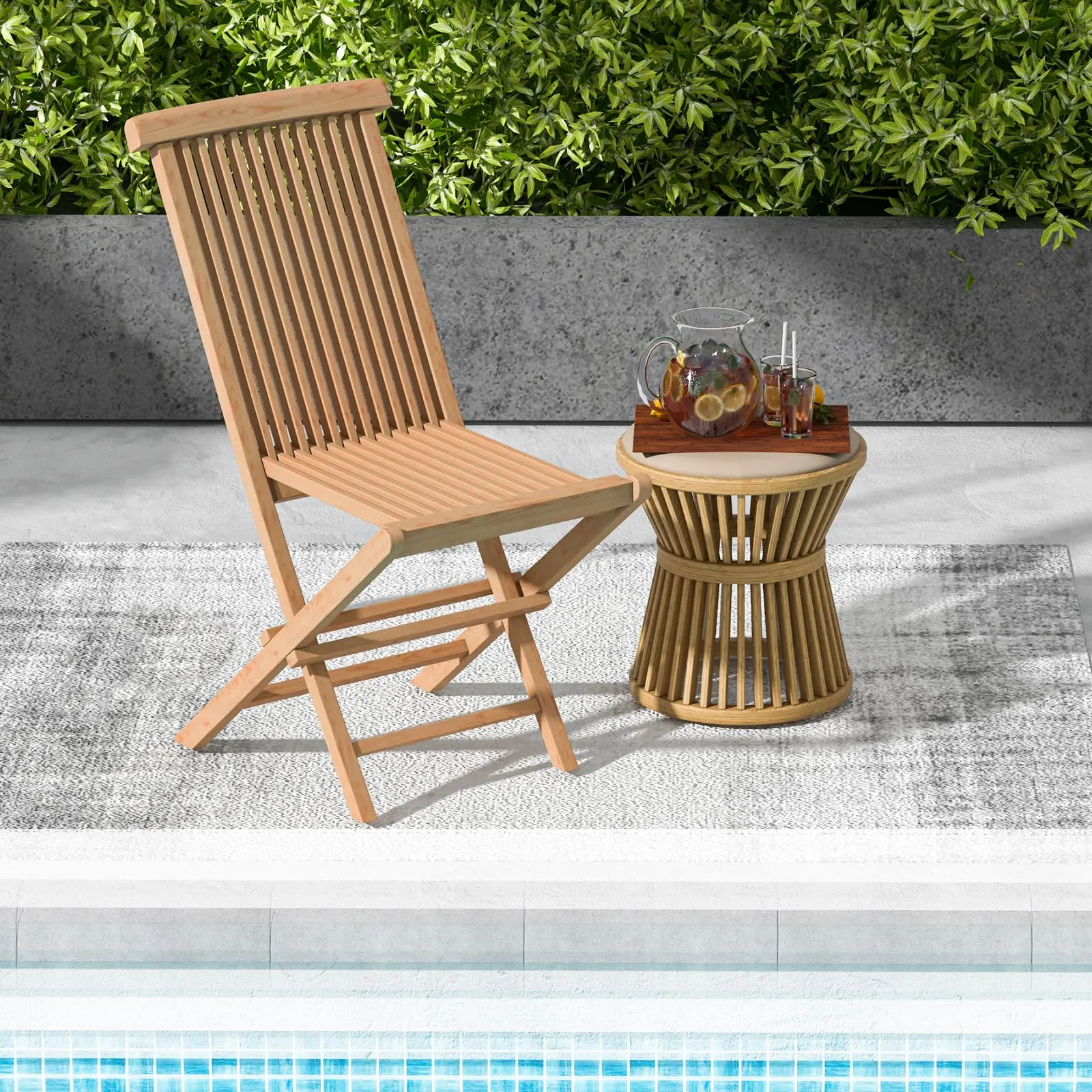 Tangkula 2 Piece Patio Folding Chair, Sturdy Teak High-Back Chair with Slatted Design