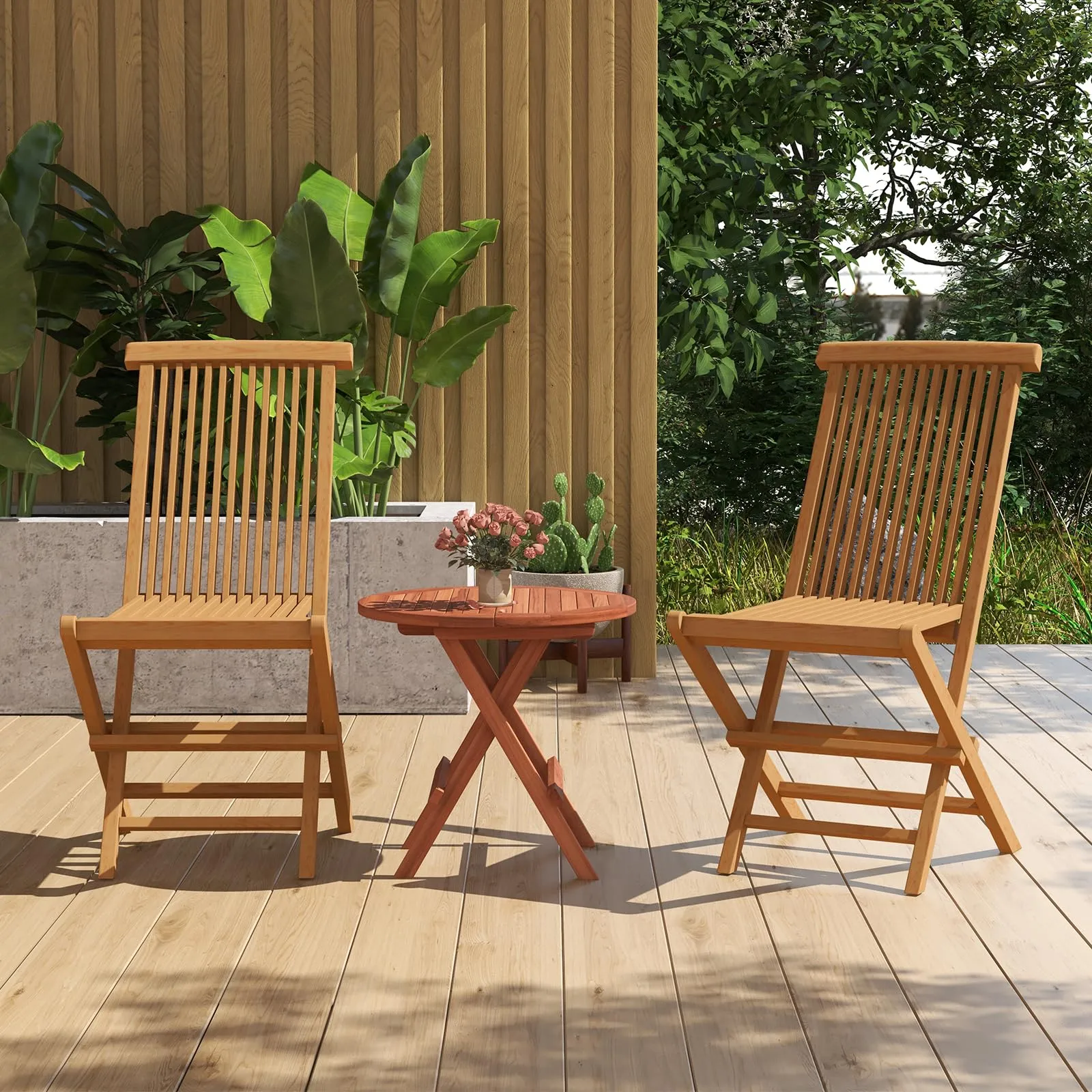 Tangkula 2 Piece Patio Folding Chair, Sturdy Teak High-Back Chair with Slatted Design