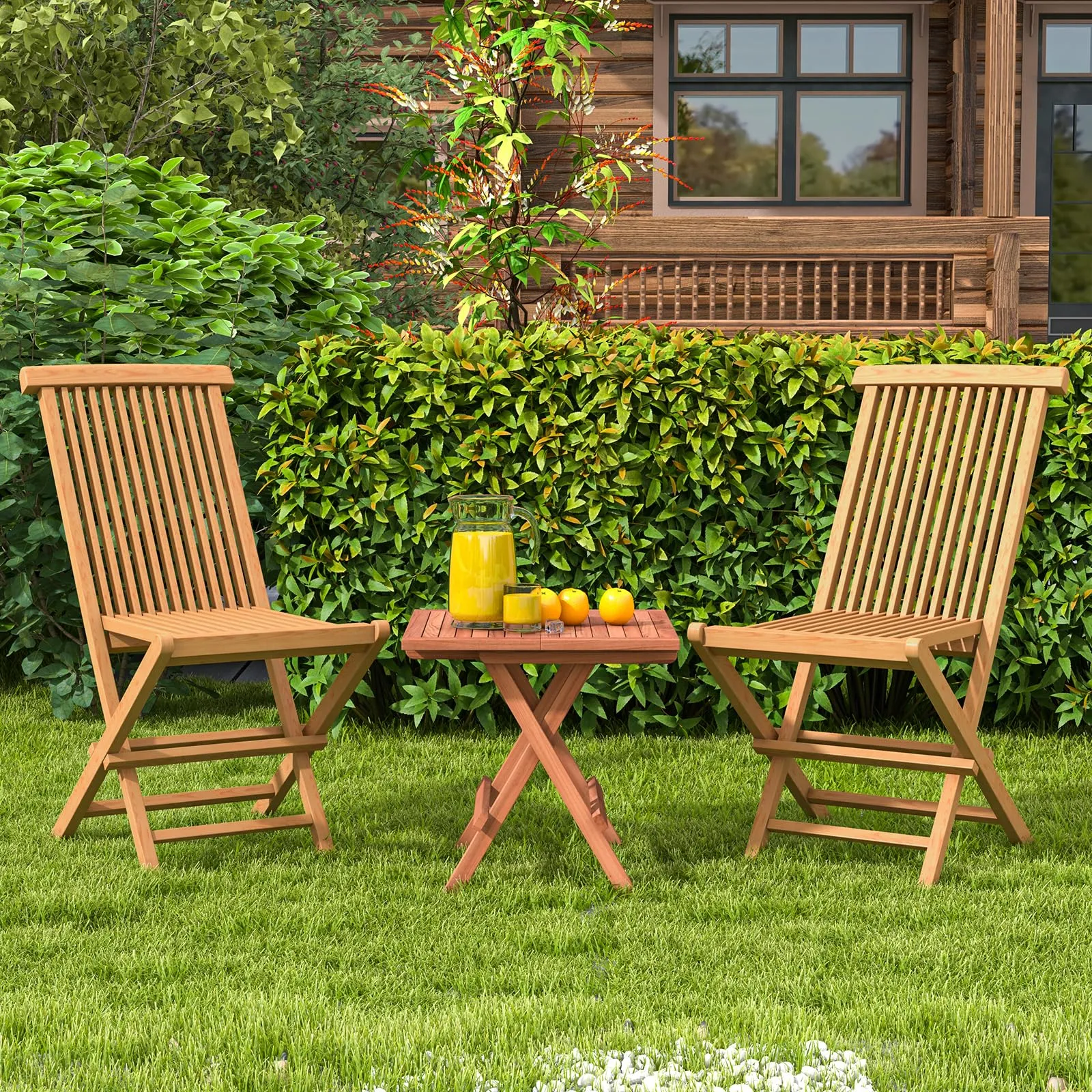 Tangkula 2 Piece Patio Folding Chair, Sturdy Teak High-Back Chair with Slatted Design