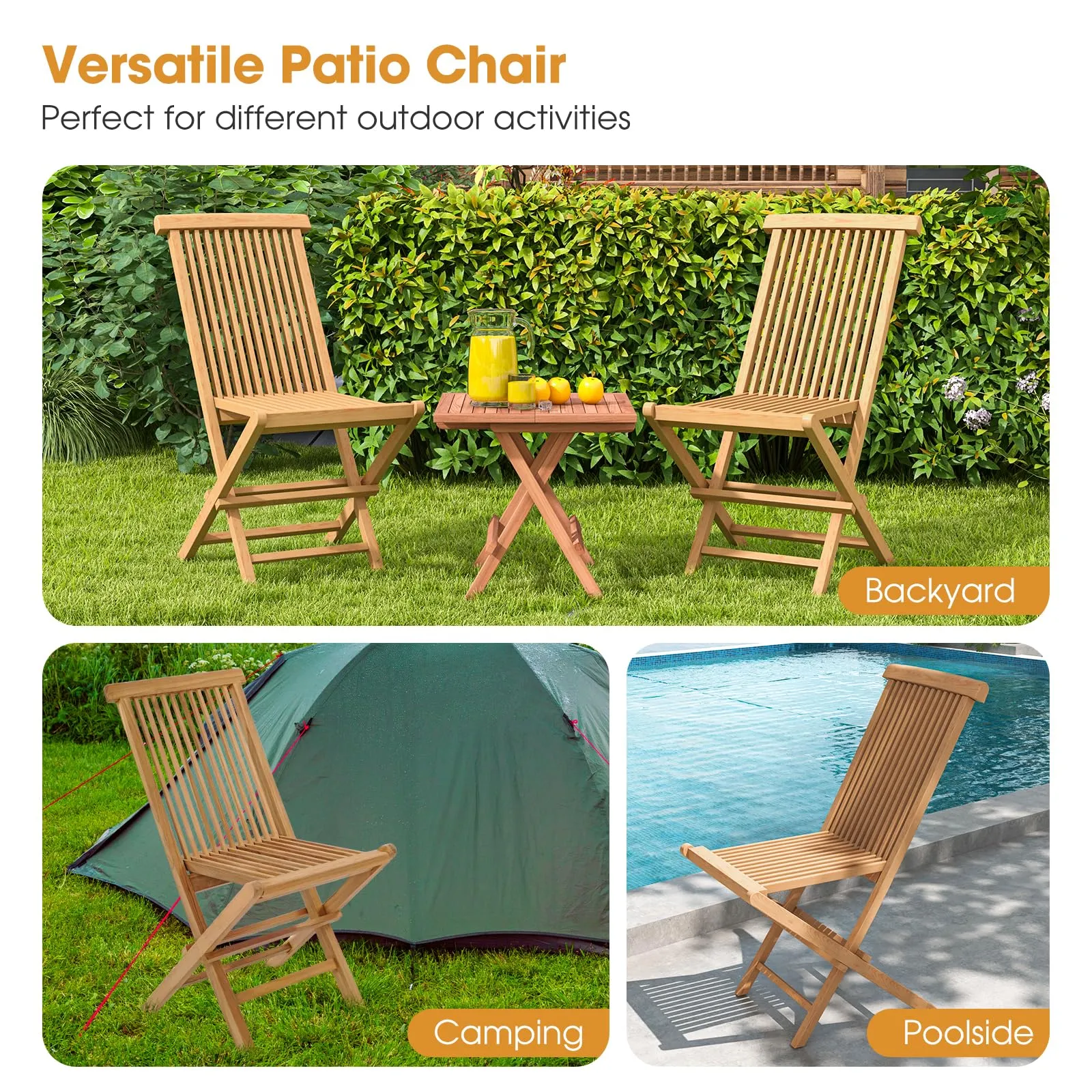 Tangkula 2 Piece Patio Folding Chair, Sturdy Teak High-Back Chair with Slatted Design