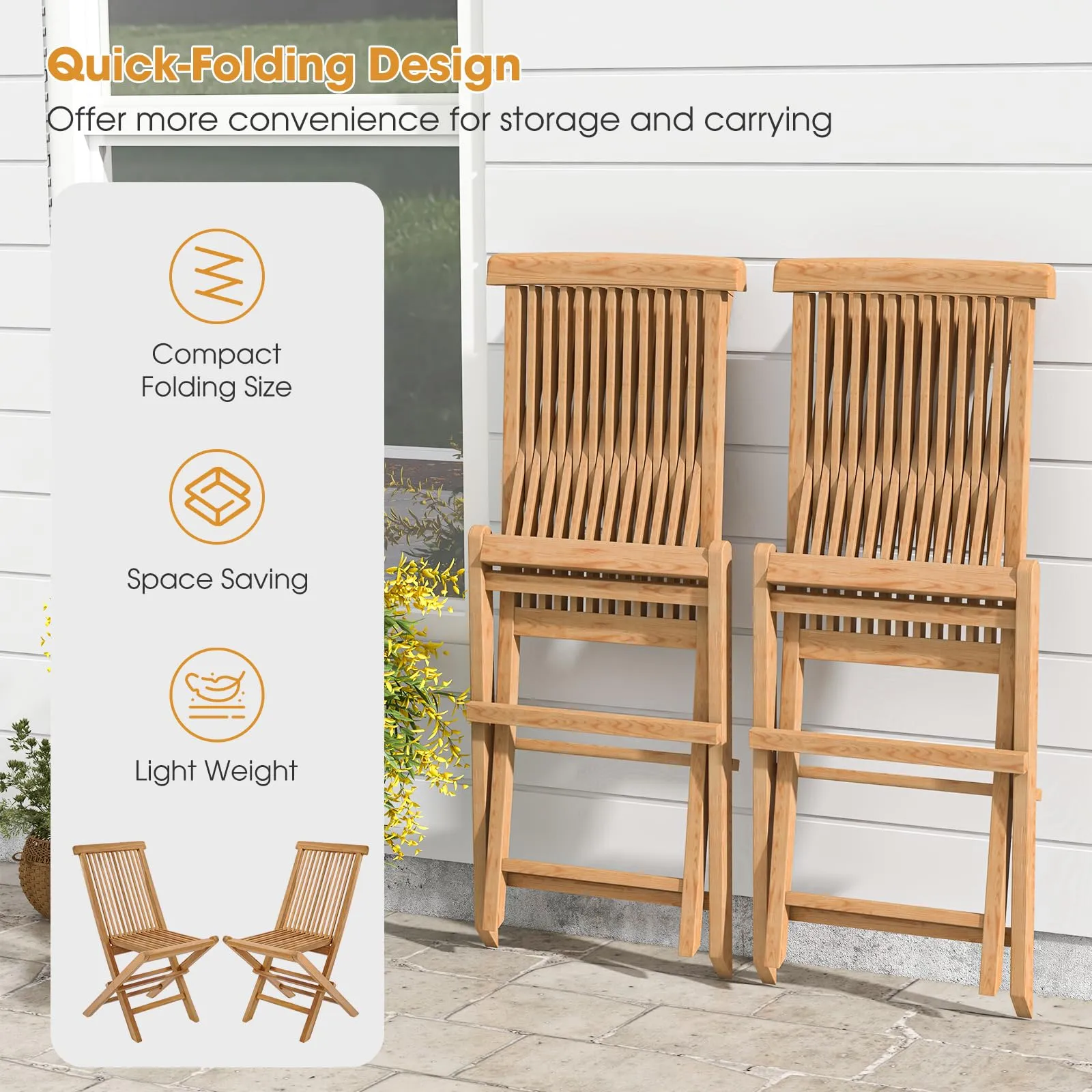 Tangkula 2 Piece Patio Folding Chair, Sturdy Teak High-Back Chair with Slatted Design