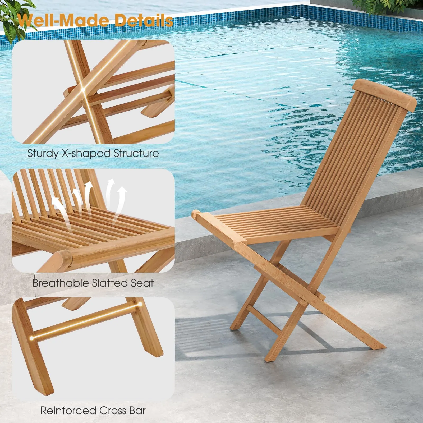 Tangkula 2 Piece Patio Folding Chair, Sturdy Teak High-Back Chair with Slatted Design