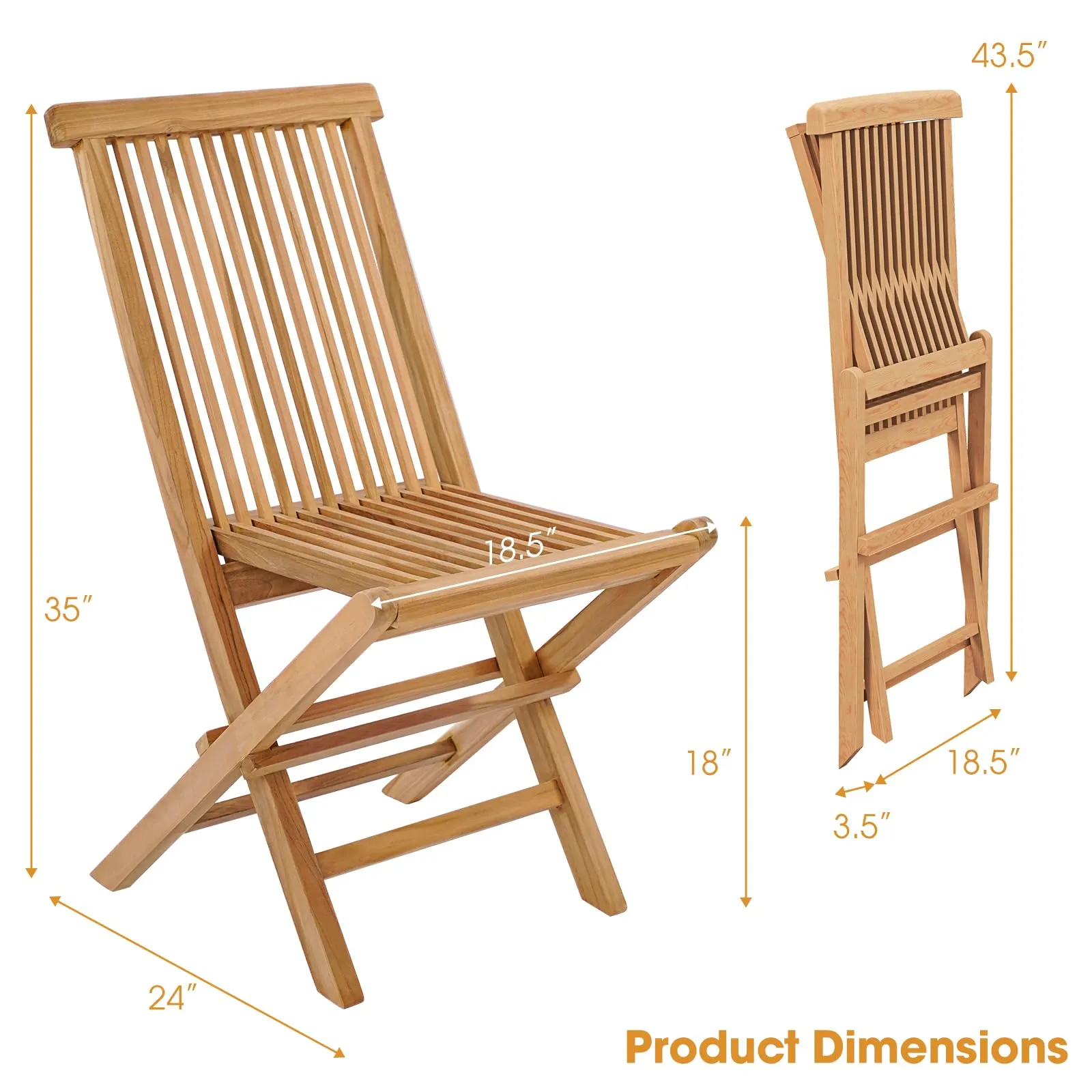 Tangkula 2 Piece Patio Folding Chair, Sturdy Teak High-Back Chair with Slatted Design