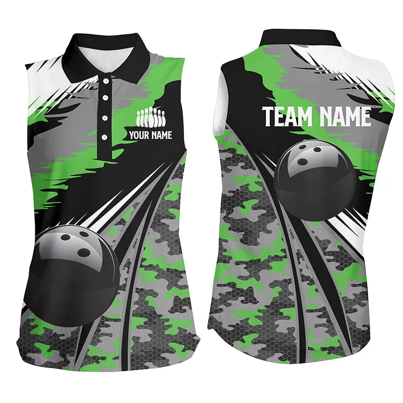 Women Bowling Sleeveless Polo Shirts Custom Black Ball Blue Camo Bowling Team, Gift For Bowlers