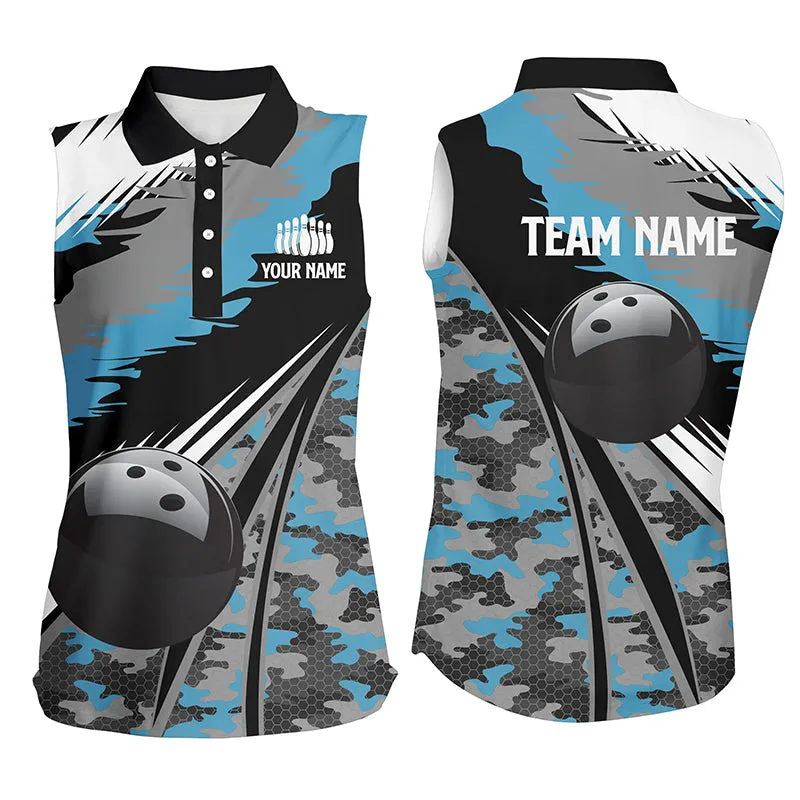 Women Bowling Sleeveless Polo Shirts Custom Black Ball Blue Camo Bowling Team, Gift For Bowlers